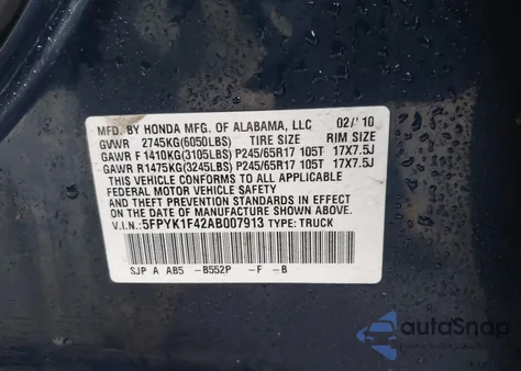 2010 Honda Ridgeline Rts from USA, damaged, VIN 5FPYK1F42AB007913